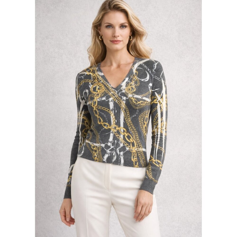 Vintage Elegantissimo Firenze Knit Cardigan Top Chain Print Equestrian size XL